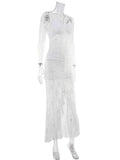 Ahagaga Elegant Lace Women Maxi Dresses Strapless Sheer Sexy Folds Solid Asymmetrical V-Neck Vestidos Robe Sheath Slim Fit Party