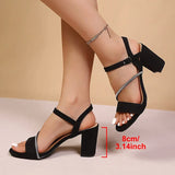 Fashion Crystal Strap Block Heel Sandals Women Plus Size 43 One Strap High Heels Sandalias Mujer Anti Slip Black Party Shoes