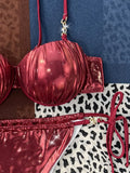 Shiny PU Leather Underwired Bra Cup Bikini Women Swimwear Female Swimsuit Two-pieces Bikini Set Push Up Bathing Suit Swim Lady