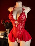 Women's Lingerie Sexy Lace Flower Print Semi Transparent Deep V-neck Hanging Neck Unobstructed Adult Style One-piece Dress