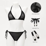 Women Bikini Set 2pcs Black Halter Triangle Swimsuit, Tie Side V Shape Bottom, Solid Color Beach Vacation Swimwear