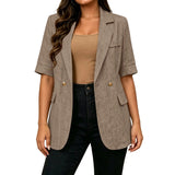 Women Textured Blazer Jacket Lapel Collar Double Breasted Half Sleeve Pocket Loose Suit Coat Elegant Office Summer Outerwear