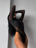 Ahagaga Sexy Mesh Women's Bodysuits See Through Skinny Turtleneck Solid Regular Long Sleeves Slim Fit Streetwear Rompers T Shirt