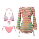 S - XL Striped Long Sleeve Cover Up Bikini Female Swimsuit Women Swimwear Bather Bathing Suit Swim Three-pieces Bikini set K8128