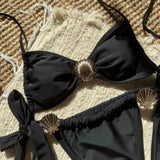 Metal Shell Halter Strappy High Cut Bikini Female Swimsuit Women Swimwear Two-pieces Bikini Set Bather Bathing Suit Swim Lady