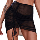 Beachwear Hip Skirt Translucent Sexy Swimsuit Beach Skirt Seaside Holiday Gauze Skirt Ruffled Overskirt Mesh Drawstring Solid