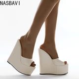 NASBAVI 2025 Fashion Peep Toe Wedges Heel Outside Women Slippers Concise PU Platform Slip on Summer Beach Mules Apricot 35-42