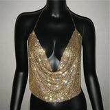 Festival Brilliant Rhinestone Backless Party Crop Top Women 2025 Summer Glitter Evening V Neck Diamonds Metal Tank Tops