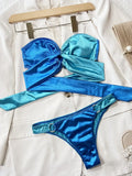 Splicing Strapless Bandeau Bikini Female Swimsuit Women Swimwear Two-pieces Bikini Set Metal Rings Bathing Suit Swim Beach Wear