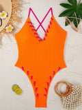 V Neck Wrinkled Ribbed Cross Backless One Piece Swimsuit Women Swimwear Female High Leg Cut Monokini Bather Bathing Suit Swim