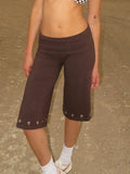 Women Capris Pants Summer Elastic Waist Solid Color Eyelets Casual Short Trousers Streetwear for Daily