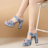 Women's Fashion Denim Platform Heels Summer New Round Toe Non-Slip Wear-Resistant Block Heel Slippers