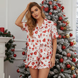 Women 2 Pieces Christmas Pajamas Sets V Neck Short Sleeve Christmas Themed Print Tops and Drawstring Waist Shorts Satin Suits