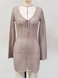 V Neck Long Sleeve Hollow Out Crochet Knitted Tunic Beach Cover Up Cover-ups Beach Dress Beach Wear Beachwear Female Women V6081