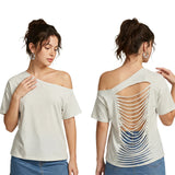 Women's Ripped Backless T-shirt Off Shoulder Short Sleeve Loose Fit Tee Tops Solid Color Shirts for Party Club Gothic Summer