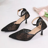 Sexy Black Mesh Pointed Toe Pumps Women Plus Size 43 Ankle Buckle High Heel Party Shoes Woman Embroidered Sequins Pumps Ladies