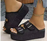 Women Denim Belt Buckle Wedge Heels Slippers Summer2026 Non Slip Thick Sole Beach Slippers Woman Fashion Buckle Platform Sandles