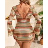 S - XL Striped Long Sleeve Cover Up Bikini Female Swimsuit Women Swimwear Bather Bathing Suit Swim Three-pieces Bikini set K8128