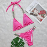 9 Colors Sexy Bikini Women Luxe Crystal Diamond Metal Chain Pit Striped Swimwear Swimsuit Bikinis Set Bathing Suit Beach Bikini