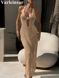 Halter Hollow Out Backless Crochet Knitted Tunic Beachwear Beach Dress Beach Wear Female Beach Cover Up Cover-ups Women V7504