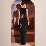 Snake Print Cut Out Slim Long Dress Women Fashion Sexy Package Hip Bodycon Slit Sleeveless Dresses Club Party Vestidos 2025 New
