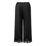 Women's Satin Lace Hem Capris Elastic Waist Loose Fit Wide Leg Pants Solid Color Lounge Street Casual Cropped Pants Summer