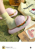 CartoonCutesy3D Sesame Burger Slippers for Women, Summer Outdoor & Home Wear, Anti-Slip Thick Soles, Flat Back Slides,Flip Flops