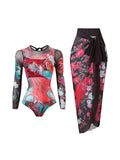 S - XXL Printed Long Sleeve With Sarong One Piece Swimsuit Women Swimwear Female Flowers Padded Bather Bathing Suit Swim K7181