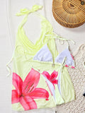 Sexy Yellow Floral Print Mesh Dress 3 Piece Swimsuit 2026 Women Shell Push Up Bra Thong Bikini Holiday Bathing Suit Swimwear