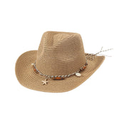 Women Men Straw Cowgirl Hat Starfish Shell Decor Western Panama Jazz Hat Summer Sun Hat for Travel Beach