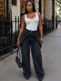 European and American style casual jeans street fashion staggered button design straight leg