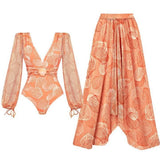 2025 New High Quality Elegant One Piece Swimsuit And Skirt Print Deep-V Lace-up Women Bikini Set Swimwear Party Bathing Suit