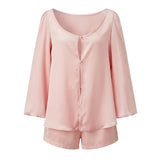 Women’s Casual 2 Piece Outfits Long Lantern Sleeve Button Down Tops + Shorts Set Solid Color Loose Suits