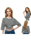 Women Summer Fashion Casual Elbow Sleeve T-Shirts Stripe Cinched Waist Crew Neck Tops Streetwear