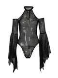 Women Mesh Sheer Bodysuits Flare Long Sleeve Cold Shoulder Spider Web Bodycon Body Tops Halloween Party Gothic Clubwear