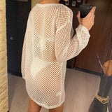 V Neck Long Sleeve Hollow Out Crochet Knitted Tunic Beach Dress Beach Wear Beachwear Beach Cover Up Cover-upsFemale Women V6335