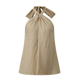 Women Loose Fit Halter Tops Solid Color Open Back Sleeveless Tie-up Vest Summer Daily Casual Elegant Blouse Streetwear