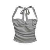 New Women's Fashion Sexy Backless Halter Neck Tie-up Ruched Tube Top Ultra-short Camisole Top In Solid Color Pure Desire F1MR