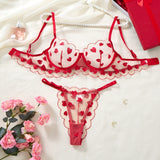 Red Heart-Shaped Girl's Sweet Lace Single-Layer Sheer Embroidered Underwear, French-Style Pure Desire ZA825203
