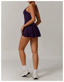 Summer Tennis Dress Women Sleeveless V Neck Slim Skirt Pleate Twisted Design Crossed Hollow Out Sports Yoga Golf Skirt Badminton
