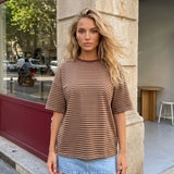 Summer Women's Loose T-shirt Casual Stylish Striped Crew Neck Short Sleeve Drop Shoulder Tee Tops