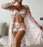New Women's 3 Pieces Swimsuit Allover Print Tankini+Long Gauze Coat Cover-Up Swimwear High Waist Shorts Bathing Suit Beachwear