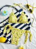 Women Cute Bikini Set 2025 New Summer Orange Floral Print Halter Ruffles Push Up Tie Side Thong Swimsuit Bathing Suit