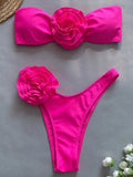 3D Flowers Striped Bikinis Strapless Bandeau Bikini 2025 Female Swimsuit Women Swimwear Two-pieces Bikini Set Bathing Suit Swim