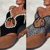 Contrast Color Women One-piece Suit Swimwear Sexy Hollow Out Frill Trim Swimsuit Lace-up Strappy Beachwear Bathing Suits Biquini