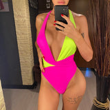 Splicing Deep V Neck Halter Backless Women Swimwear One Piece Swimsuit Female High Cut Monokini Bather Bathing Suit Swim V5793