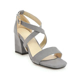 Big Size Casual Women Sandals Black Flock 7cm High Square Heels Peep Toe Summer Cross Buckle Strap Party Office Red Lady Sandals