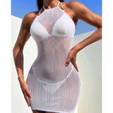 Fishnet Women Sexy Beach Cover Up Dress Women Stretch See Through Sleeveless without Bikini Swimsuit Coverup Mini Beachwea