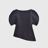 Women's Fashion Casual Short Sleeve Top Women Solid Black Boat Neck Puff Sleeve Hem Top Slim Fit Casual Blouse For Party 0PX4