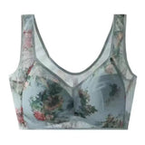 Women Bra Mesh Thin Floral Print Mid-aged Wide Shoulder Strap Wireless Anti-snagging Push Up Seamless Mother Bra